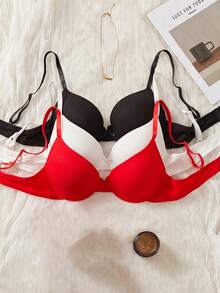 SHEIN 3件套女士纯色基础休闲文胸，带蝴蝶结装饰 - 彩色 - 查看 5