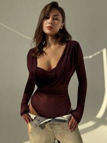 Aloruh 性感派对夜店装新款秋冬紫色网纱深V领连体衣，情人节女士服装 - 中紫紅色 - 查看 5