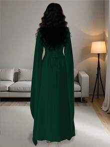 Rafferiza 女士纯色优雅端庄 V 领刺绣开叉长袖超长连衣裙，适合宴会、日常穿着，简约 - 墨綠色 - 查看 2