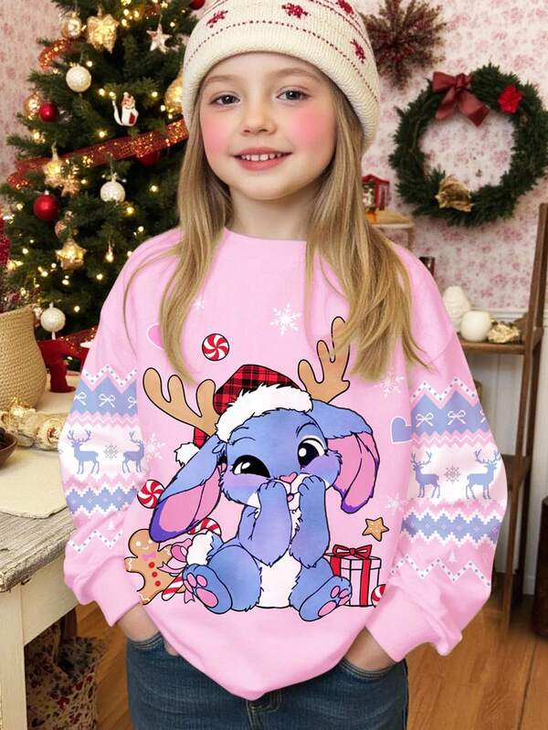 SHEIN Young Girl Christmas Cartoon & Heart Fairisle Pattern Crew Neck Comfortable Knit Long Sleeve Sweatshirt, Suitable For Autumn/Winter, Everyday Casual, Christmas Party, Street Style, Home Wear, Cozy Season, Christmas Vibes, Christmas Gifts, Autumn & Winter Outfits For , Easy Comfort, Autumn & Winter Layers For Baby & Girls, Stylish Baby Girls, Casual Wear, Baby & Kids Graphic Clothes, Fall & Winter Clothes, Chic Autumn, Fall New Style, Winter Fashion