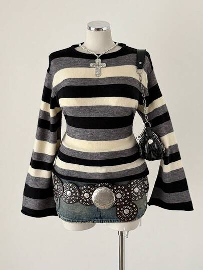 Sunspun Plus Size Women's Colorblock Striped Cute Simple Turtleneck Flare Sleeve Knit Sweater, Suitable For Spring, Autumn, Winter Wear, Great Christmas Gift, Indoor & Outdoor, Spring/Fall, Fall/Winter