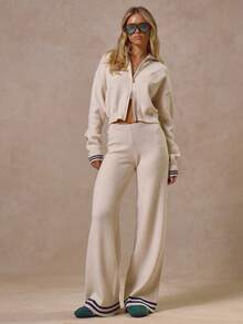 MUSERA Embroidered Cropped Boxy Fit Zip Through Funnel Neck Knit Co-Ord Top Only Autumn Winter Cool Streetwear Going Out Casual Knitwear Everyday New Retro - Cream - View 5