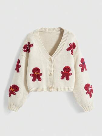 Cárdigan corto holgado de punto con bordado de pan de jengibre navideño
