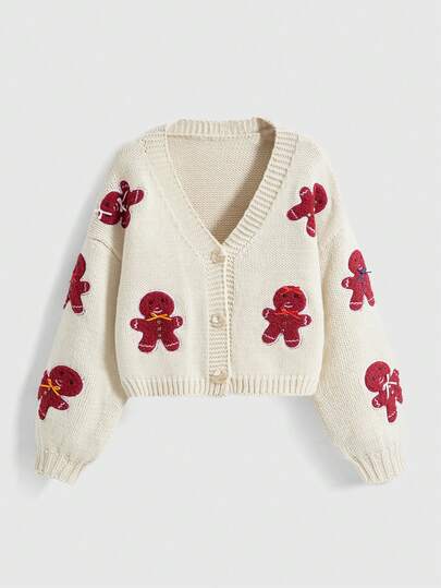 Christmas Gingerbread Embroidered Bow Loose Short Knitted Cardigan