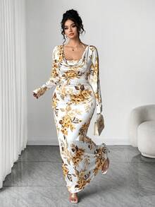 Elenzga Vestido corto ajustado con cuello de volantes para mujer talla grande, con estampado floral diminuto, cintura con lazo y bajo con volantes - Marrón - Ver 3