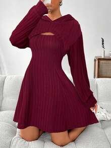 SHEIN EZwear 女士休闲纯色无袖连帽迷你连衣裙两件套，秋季 - 酒紅色 - 查看 4