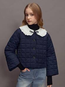 Sparklyn Deep Blue Girls' Padded Coat, Featuring A Fashionable Diamond QuiltingCraftsmanship, Paired With A Cute Ruffled Collar Design, Which Is Warm And Full OfChildlike Fun. Moderate Thickness And Down-Filled Material Make It An Ideal Choice For Girls' Daily Wear Or School Life In Autumn And Winter Seasons. - Blue - View 5