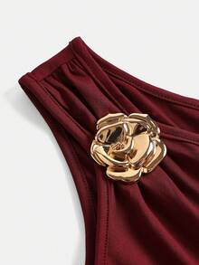 SHEIN Girlism Teen Girls Red Solid Color Metal Flower Decor Ruched Shoulder Ruched Hem Fashionable Dress Dark Red Dress One Shoulder Dress Girls Maroon Dress For Girl