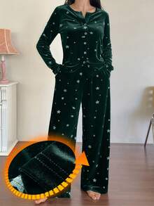 DAZY Women's Star Print Velvet Pajama Set, Autumn/Winter - Dark Green - View 3