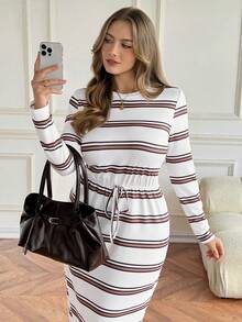 Vionelle Plus Size Women Elegant French Style Casual Striped Long Sleeve Dress Stripe Dress Long Sleeve Midi Dress Striped Midi Dress Casual Midi Dress Modest Midi Dress Modest Dress - Multicolor - View 5