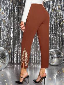 Women's Elegant Embroidered Ankle Slim Fit Pants, Suitable For Commuting - Burnt Orange - View 2