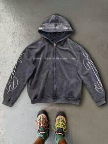 Manfinity EMRG 男士复古字母印花棉质连帽卫衣 - 黑色 - 查看 1