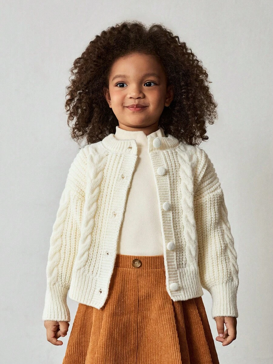 Maija Kids Girls Cropped Turtleneck Cable Knit Cardigan, Retro Loose Fit Knitted Sweater Jacket, Versatile For Autumn/Winter - Apricot - View 1