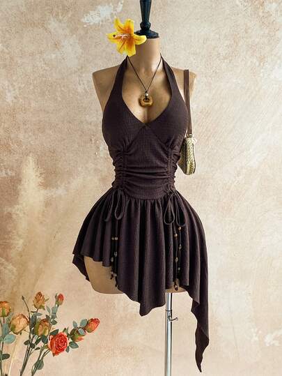 Soleia New Sexy Deep V Neck Tie Up Waist Wooden Bead Asymmetrical Hem Mini Dress, Suitable For Party, Date, Nightclub, Bohemian, Boho, Vacation, Fall Women Clothes, Vintage, Holiday