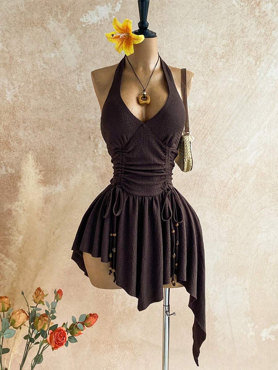 Soleia 新款性感深V领系带腰身木珠不对称下摆迷你连衣裙，适合派对、约会、夜店、波西米亚风、度假、秋季女装、复古风、假日穿着 - 棕色 - 查看 1