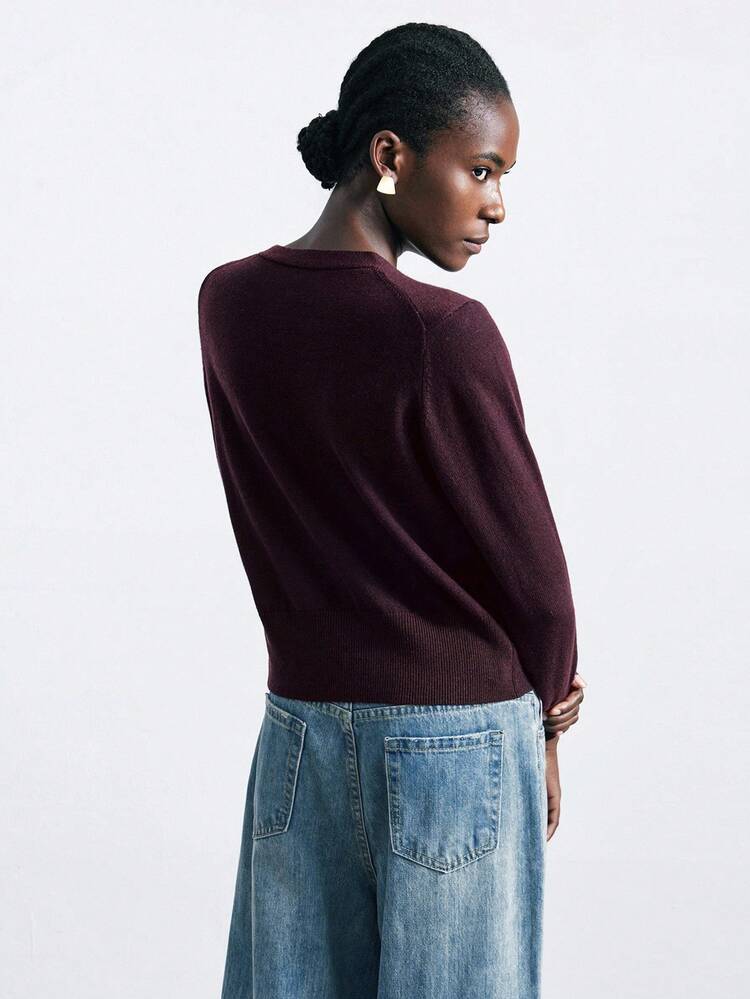 SHEIN Maija 2025 Early Autumn Urban Elegant Deep V-Neck Metal Decor Button Loose Comfortable Raglan Sleeve Coffee Knit Cardigan, Suitable For Back To School Season, Casual & Commute, Autumn/Winter Christmas Party 100%Wool,Wine Red, Winter Sweater, Autumn, Christmas Sweater, Christmas Party, Elegant Party Cardigan, Women's Casual Cardigan,Brown Sweater