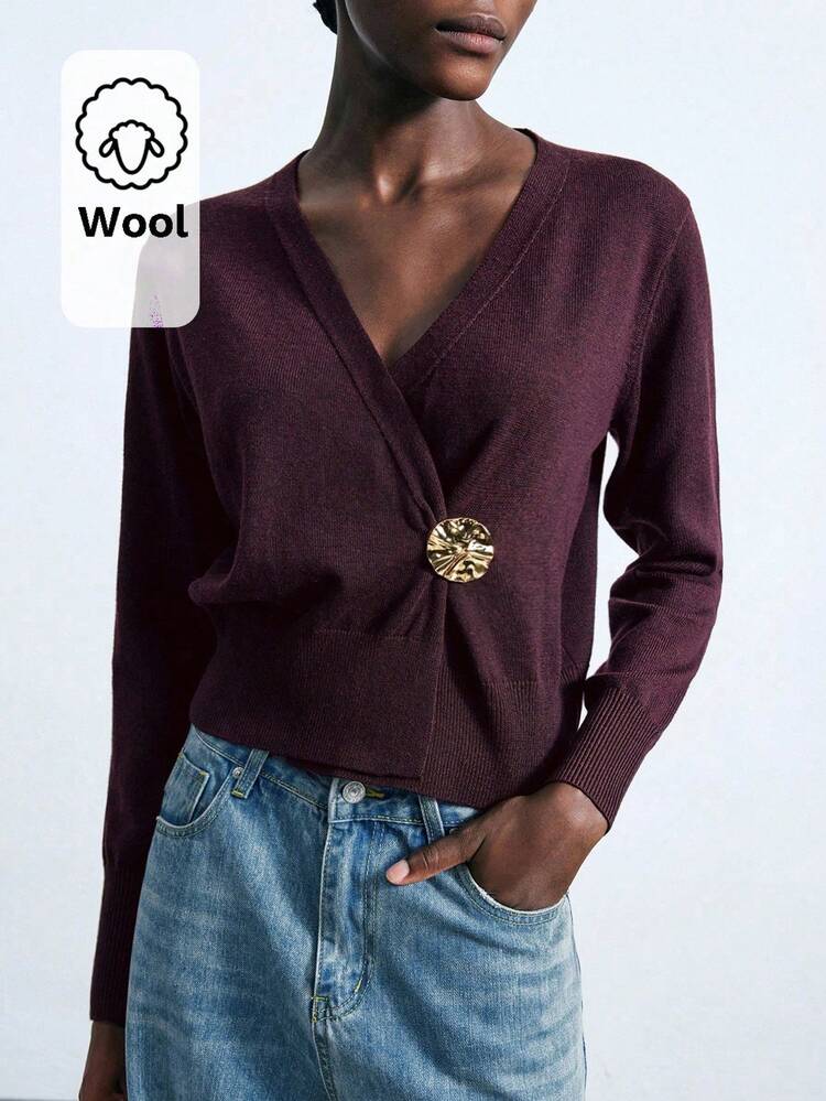 SHEIN Maija 2025 Early Autumn Urban Elegant Deep V-Neck Metal Decor Button Loose Comfortable Raglan Sleeve Coffee Knit Cardigan, Suitable For Back To School Season, Casual & Commute, Autumn/Winter Christmas Party 100%Wool,Wine Red, Winter Sweater, Autumn, Christmas Sweater, Christmas Party, Elegant Party Cardigan, Women's Casual Cardigan,Brown Sweater