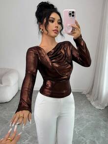 Elenzga Nowa, błyszcząca, elastyczna tkanina damska, skośne ramiona, długi rękaw, asymetryczny, marszczony wzór, wiosna/jesień, wakacje, codzienny, uniwersalny, lśniący, wyszczuplający talię, elegancki T-shirt damski