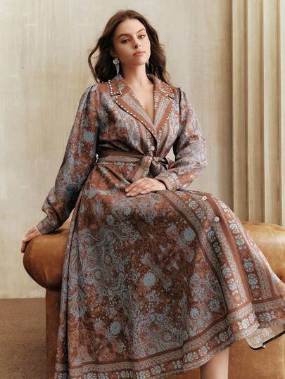 Anewsta 棕色复古波西米亚印花系带连衣裙，适合大码女性，秋季、冬季、新年、派对、婚礼等场合，优雅、时尚、别致、潮流，圣诞节、节日等节日庆典皆宜。
