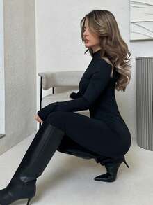 Jemour Women's WOMEN Elegant Autumn And Winter Long Sleeve Suitable For Daily Commuting, Urban Fashion, Can Party, Black Stretch Knit Skinny Square Neck Jumpsuit - Black - View 5