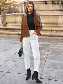 SHEIN Frenchy Women's Stand Collar Double Breasted Blazer Jacket In Fall/Winter Brown - Brown - View 5