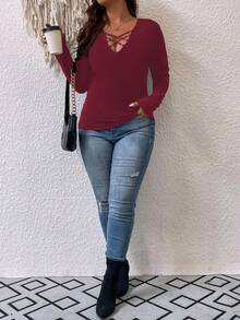 EMERY ROSE Plus Size Women's Casual Solid Color Long Sleeve T-Shirt - Burgundy - View 7