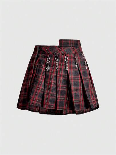 ROMWE Avant Jupe plissée à carreaux avec boutons décoratifs pour femmes