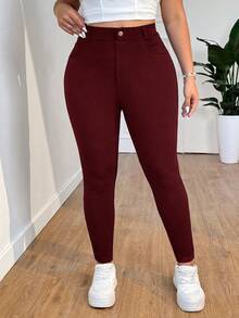 SHEIN EZwear 大码休闲百搭酒红色修身裤 - 酒紅色 - 查看 4