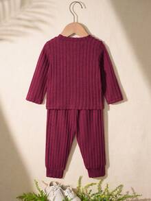 Souflis Souflis 2pcs/Set Toddler Boys' Cute Gray Ribbed Long Sleeve Top With Bear Graphic And Gray Ribbed Pants, Autumn/Winter - Burgundy - View 2