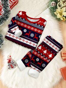 SHEIN Baby Boy Christmas Pajama Set,Cute Red And White Striped Reindeer Fair Isle Pattern Cozy Long Sleeve Top&Pants Snug Fit Lounge Pajamas For Autumn - Multicolor - View 2