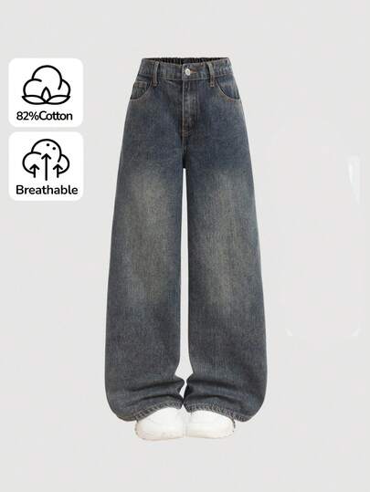 Girlism 适合青少年女孩的时尚休闲 Y2K 复古酷炫街头返校学院风舒适宽松蓝色牛仔裤，适合青少年女孩日常穿着以及秋冬季派对和节日街头服饰。