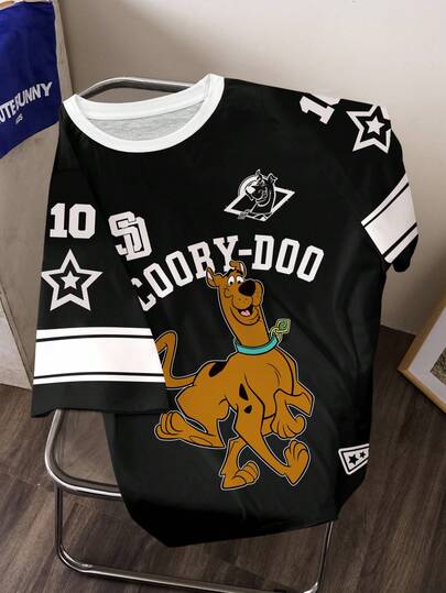 SCOOBY-DOO X SHEIN Women's Casual Letter & Dog Print V-Neck Short Sleeve T-Shirt, Summer Black Jersey Cartoon Graphic Tee Jersey Tops