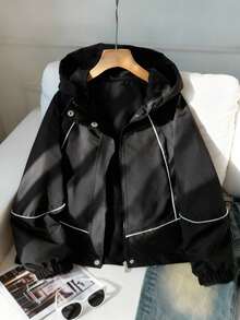 SHEIN 女童休闲百搭连帽外套，黑色配白色绳带装饰，松紧袖口，银色按扣，适合上学、通勤、郊游、运动，可搭配长袖上衣和裤子 - 黑色 - 查看 1