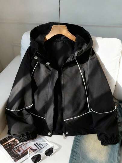 SHEIN Girls' Casual Versatile Hooded Jacket, Black With White Cord Decoration, Elastic Cuffs, Silver Snap Buttons, Suitable For School, Commuting, Outings, Sports, Can Be Paired With Long Sleeve Tops And Pants Fall Winter