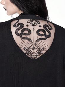 ROMWE Goth 女款哥特式花卉蛇纹印花网眼拼接轻薄开衫 - 黑色 - 查看 1