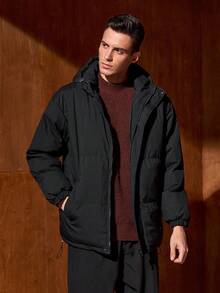 Officeau 冬季男士连帽羽绒服，拼接防风保暖休闲外套，Old Money - 黑色 - 查看 1