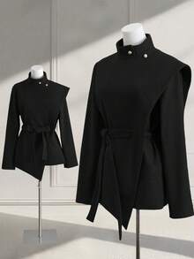 GlowEve 女士灰色优雅廓形抽绳金属蘑菇扣收腰斗篷外套，百搭 - 黑色 - 查看 1