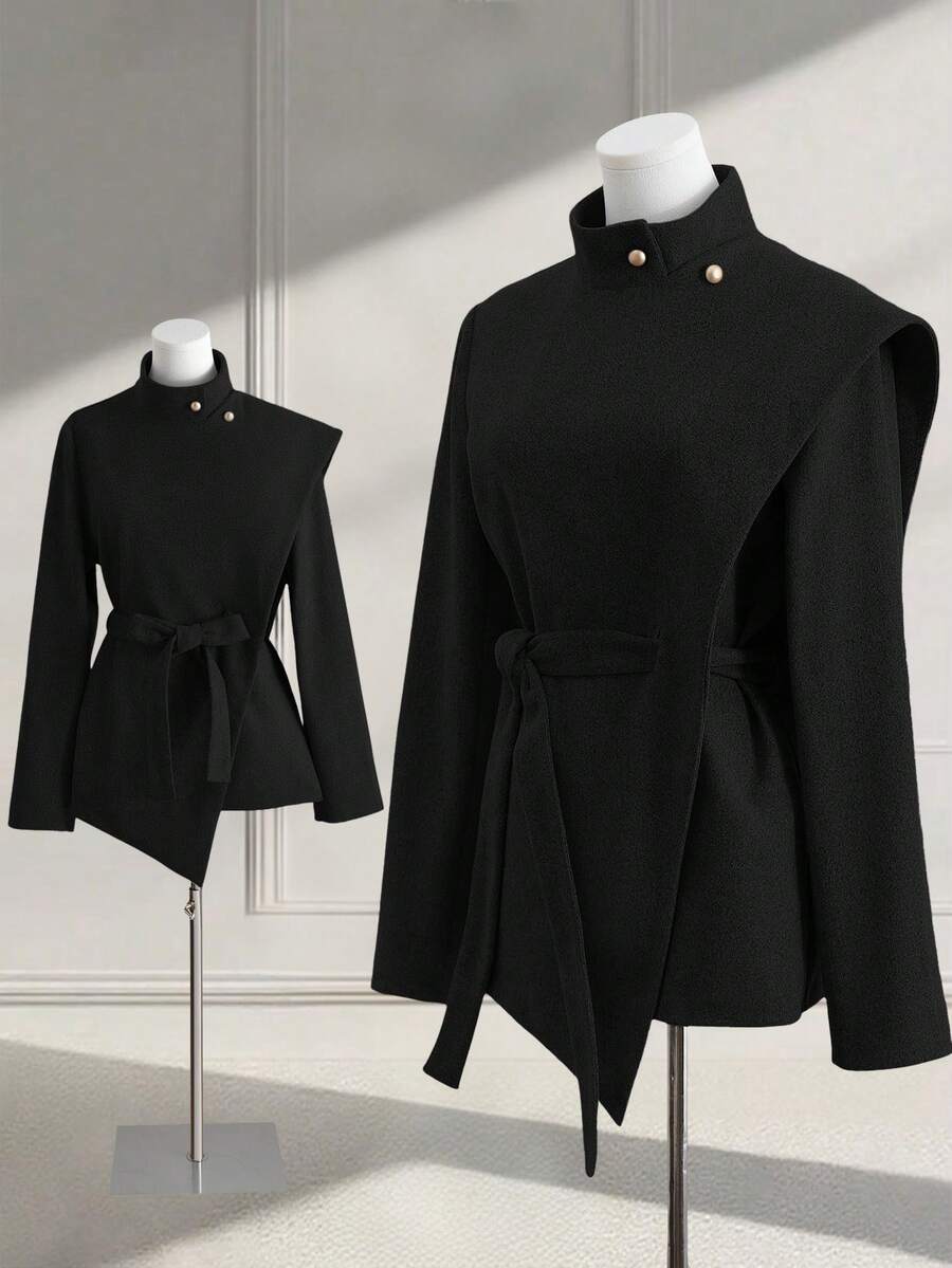 GlowEve 女士灰色优雅廓形抽绳金属蘑菇扣收腰斗篷外套，百搭 - 黑色 - 查看 1