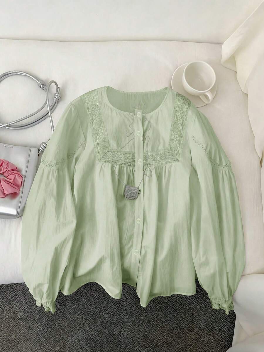 Resyla Áo cánh dài tay màu trắng viền ren cho nữ, trang phục thường ngày thanh lịch cho kỳ nghỉ - màu xanh lá - Xem 1