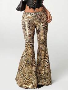 SHEIN ICON 女式 Y2K 银色佩斯利印花金属图案低腰修身喇叭裤，复古千禧性感 - 銀色 - 查看 6