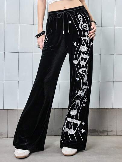 ROMWE Avant Millennium Diva Ultra Low Waist Wide Leg Musical Note Embroidered Velvet Women Sweatpants