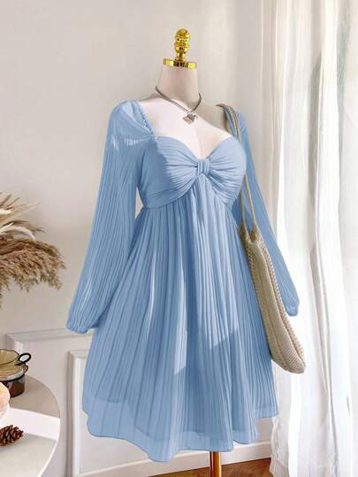Comfortcana Plus Size Light Blue Casual Pleated Long Sleeve Dress,Autumn/Winter,Christmas,New Year,Thanksgiving,Party,Wedding,Beach,Graduati,Chic,Elegant,Casual,Going Out,Date,Appointment,Commute Long Sleeve Blue Dress Baby Blue Elegant Dress Powder Blue Dress Dusty Blue Elegant Dress