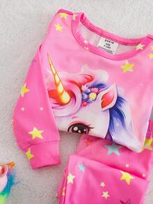 SHEIN 女婴可爱卡通图案针织长袖连体衣家居服套装 - 粉色 - 查看 6