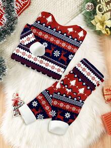 SHEIN Baby Boy Christmas Pajama Set,Cute Red And White Striped Reindeer Fair Isle Pattern Cozy Long Sleeve Top&Pants Snug Fit Lounge Pajamas For Autumn - Multicolor - View 3
