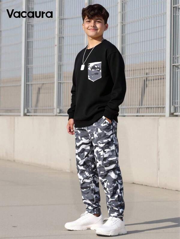 2pcs/Set Teenager Black Hoodie With Fashionable Camouflage Pocket Matched With Camouflage Cargo Pants, Suitable For Autumn/Winter Outdoor Sports