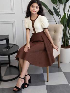 SHEIN 1-Piece Girls' Autumn And Winter Elegant Knitted Jacquard Small V-Neck With Metal Buckle Decoration, Spliced Hem, Pleated Color-Blocking Style, Short-Sleeved Slim-Fit Dress For Daily Outings, Casual Gatherings, And Occasions