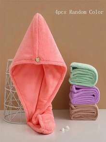 SHEIN 1pc/4pcs Women's Quick Dry Hair Towel Wrap - Highly Absorbent Microfiber Hair Drying Caps, Coral Fleece Bathroom Turban Towel Home Bathroom Decor Hair Bonnet - Multicolor - View 11