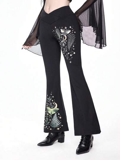 Goth Pantaloni a zampa da donna in stile gotico con stampa di piante, falene, lune e stelle