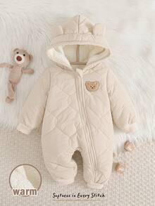 Cozy Pixies 新生儿男女宝宝卡通熊连帽长袖保暖连体衣，舒适百搭，适合秋冬季穿着 - 卡其色 - 查看 7