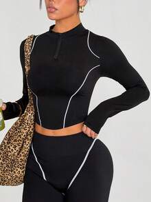 Dewbera Women's Seamless Black Long Sleeve T-Shirt, White Stripe Design, Suitable For Fitness, Yoga, Daily Wear Women Two Piece Sets Leggings Black 2 Piece Set Athletic Two Piece Set Y2k Tights Two Piece Set Women Sporty Two Piece Set Long Sleeve Workout Set Curve Activewear Set - Black and White - View 4